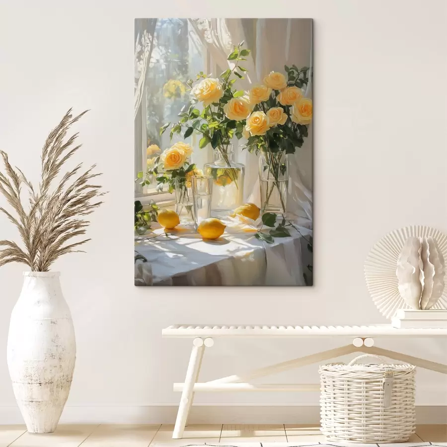  Peintures Roses dans des vases, dessin à l'huile, lumière douce du soleil, citrons, printemps s43887