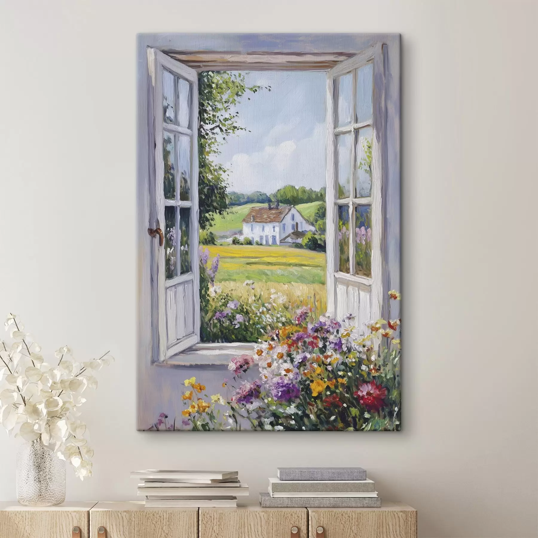 Fotobehang Dorpslandschappen in het houten venster, bloemen, velden, olieverfstijl, boerderij s43888