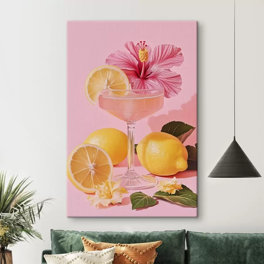  Peintures Cocktail rose avec fleur d'hibiscus, citrons, réalisme s43893