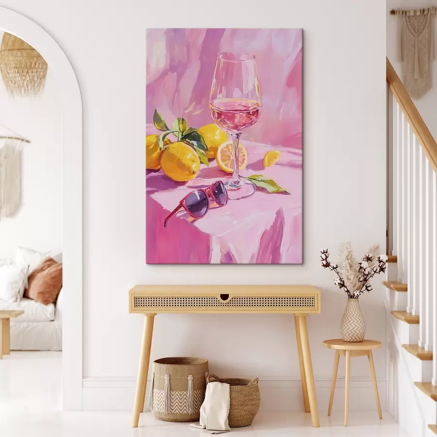  Peintures Verre de vin avec citrons, lunettes de soleil, abstraction, dessin à l'huile, couleurs roses s43883