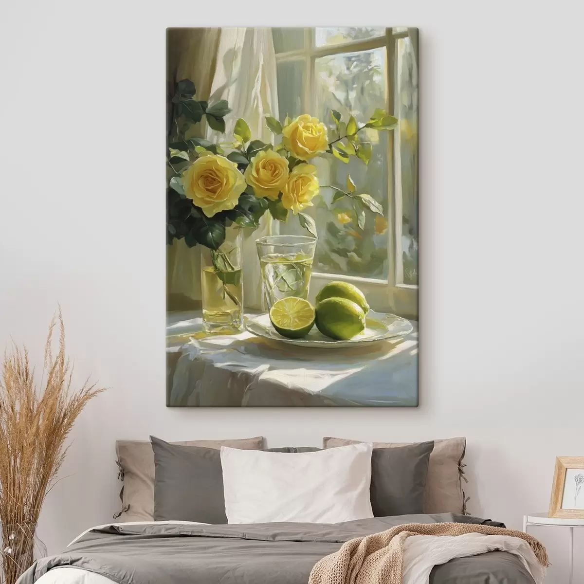  Peintures De belles roses jaunes dans le vase près de la fenêtre, arrosées de citrons verts s43886