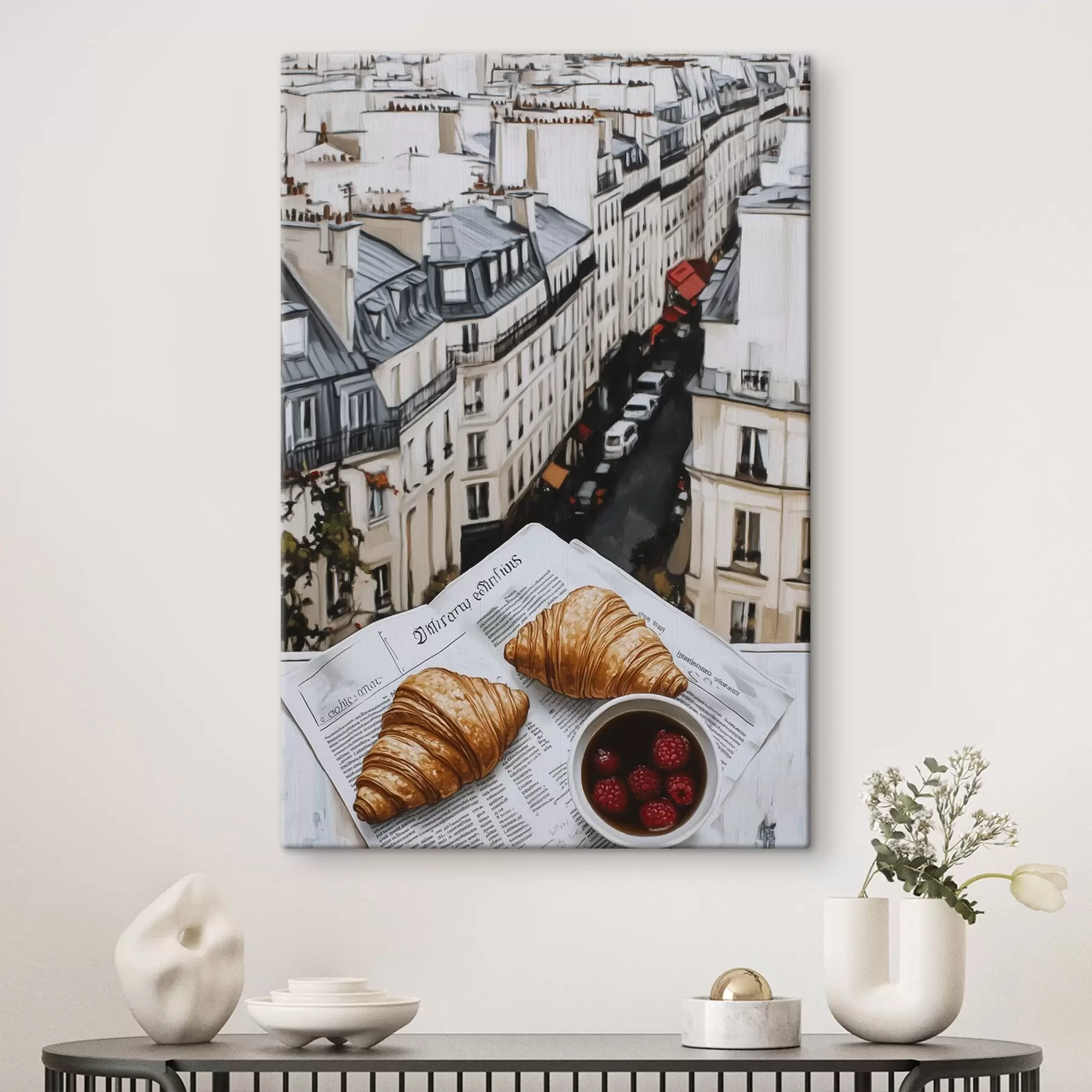  Schilderijen Ochtendkoffie met croissants, stadsstraat, architectuur, olieverfstijl s43891