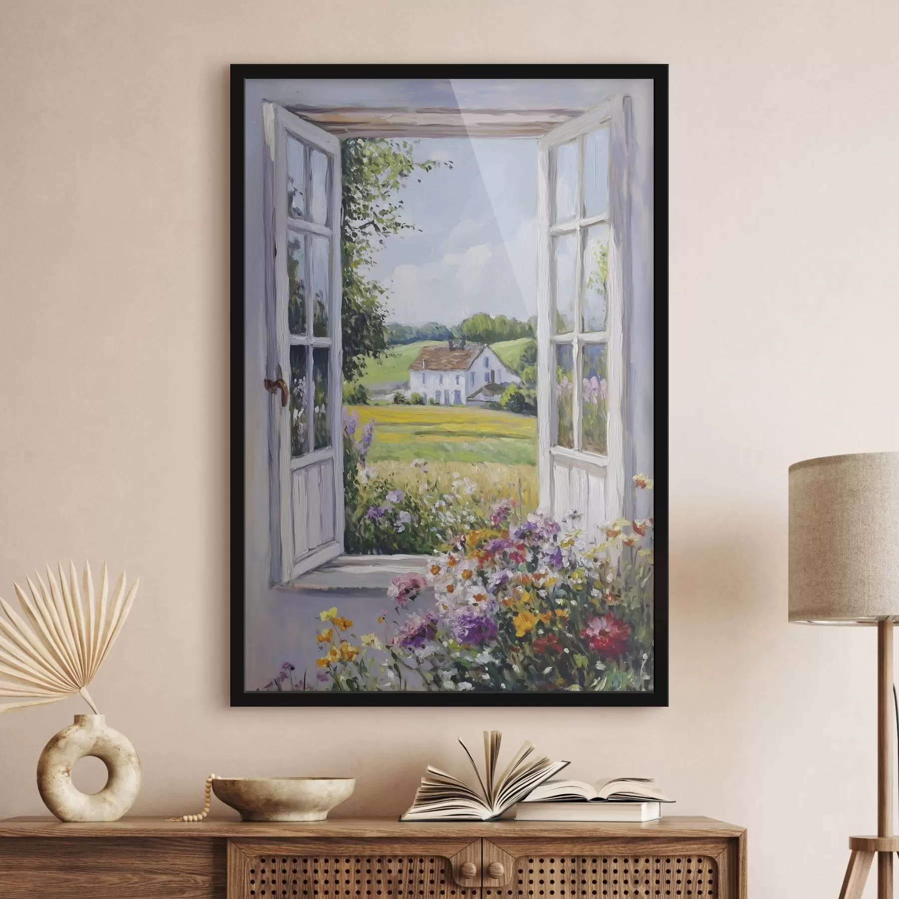 Fotobehang Dorpslandschappen in het houten venster, bloemen, velden, olieverfstijl, boerderij f43888