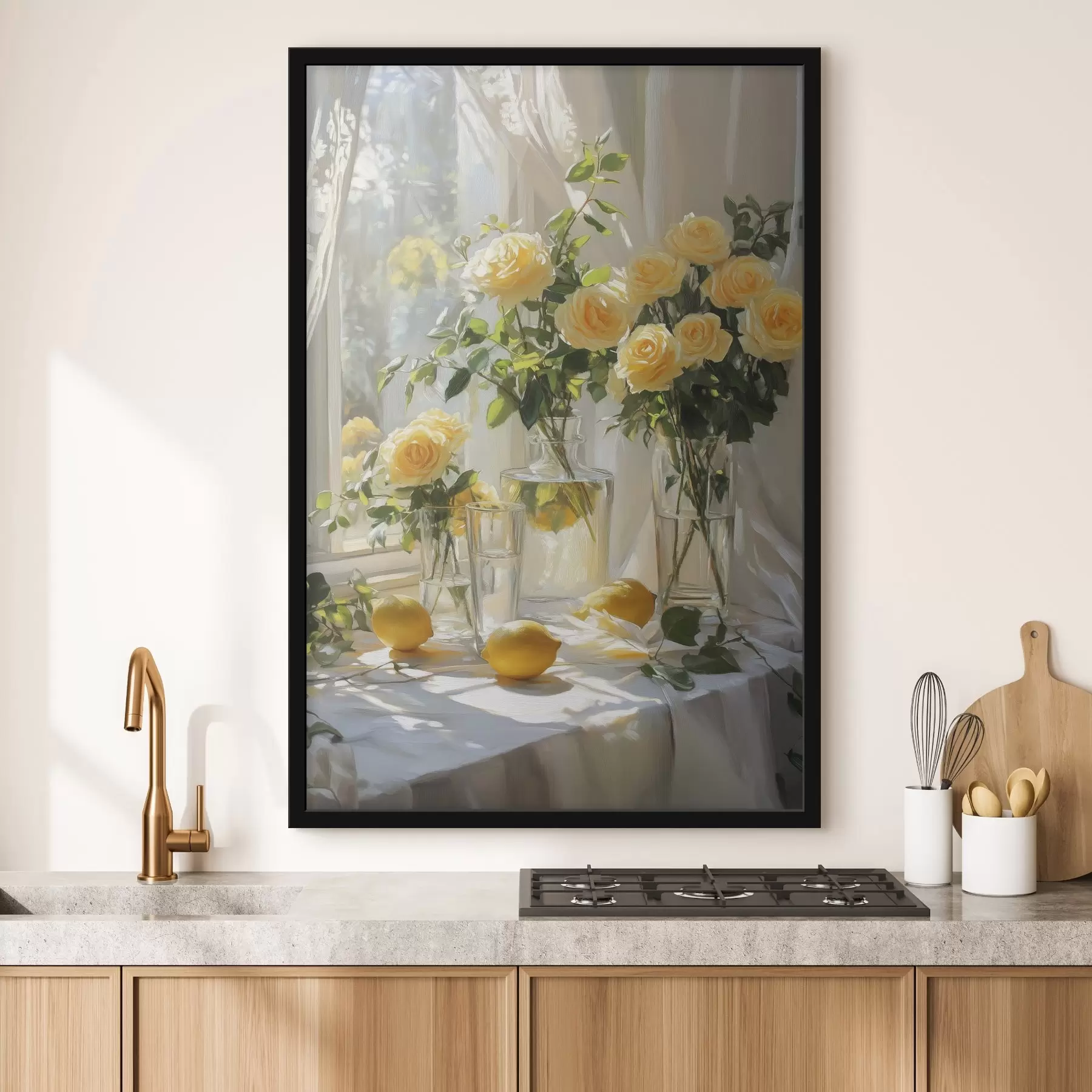 Papier peint photo Roses dans des vases, dessin à l'huile, lumière douce du soleil, citrons, printemps f43887