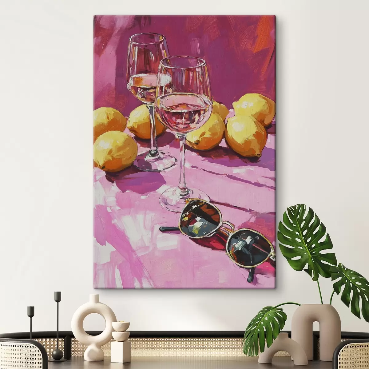  Peintures Abstraction à l'huile avec des verres de boisson, des citrons et des lunettes de soleil s43884