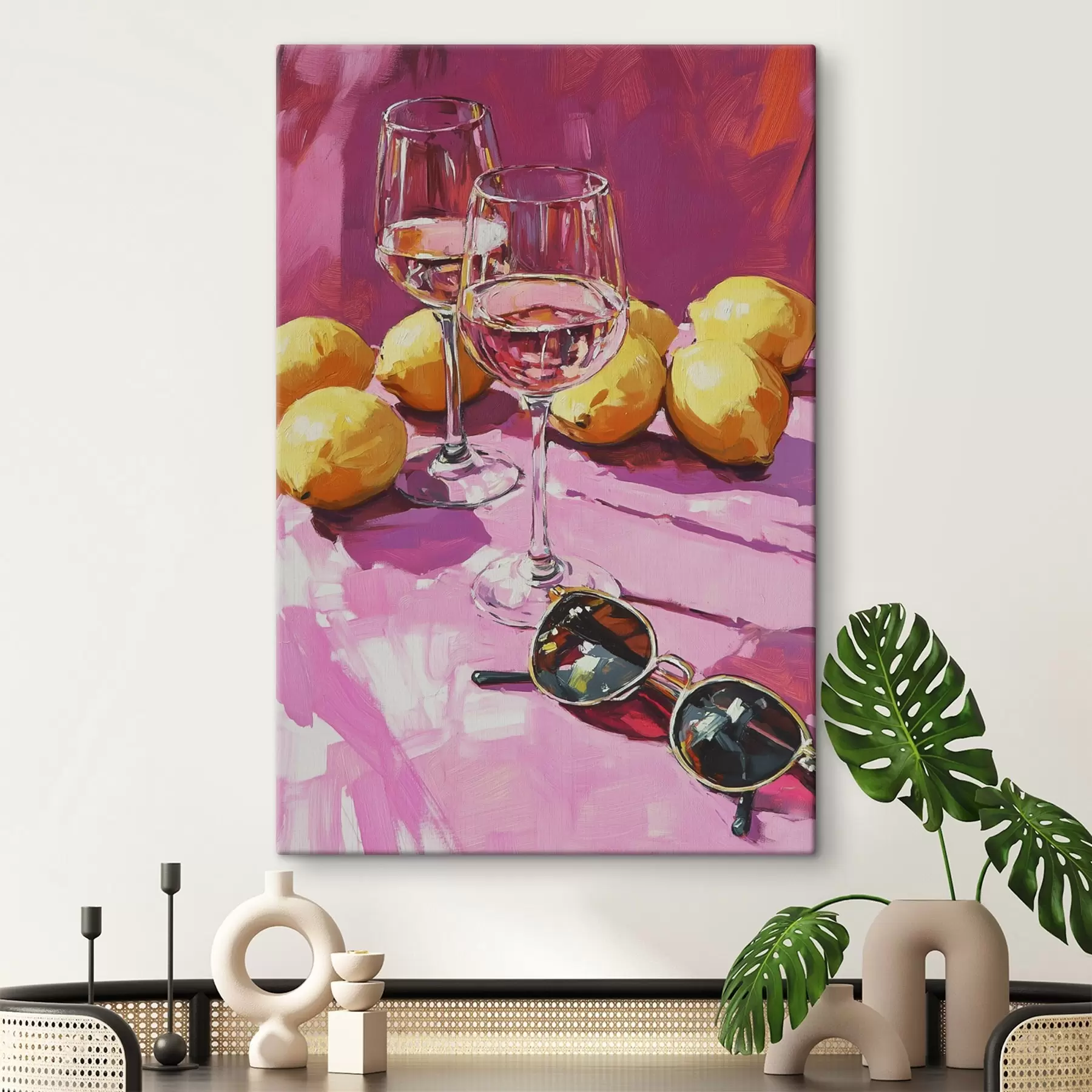  Peintures Abstraction à l'huile avec des verres de boisson, des citrons et des lunettes de soleil s43884