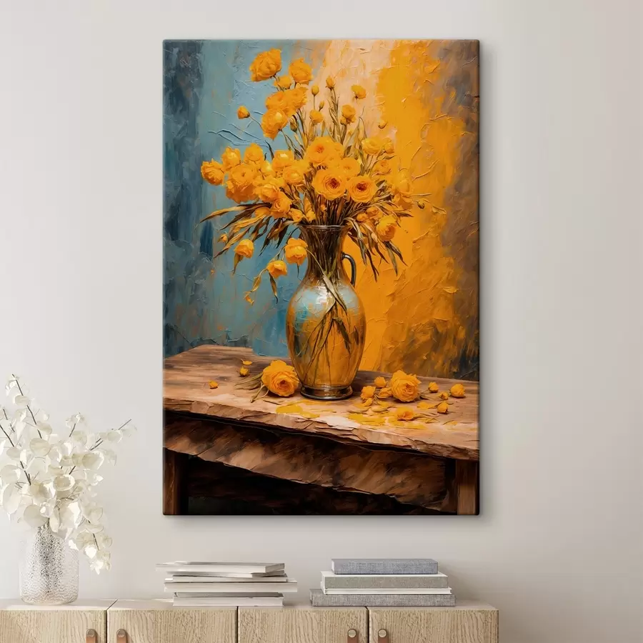  Peintures Fleurs jaunes dans un vase sur une table s43462