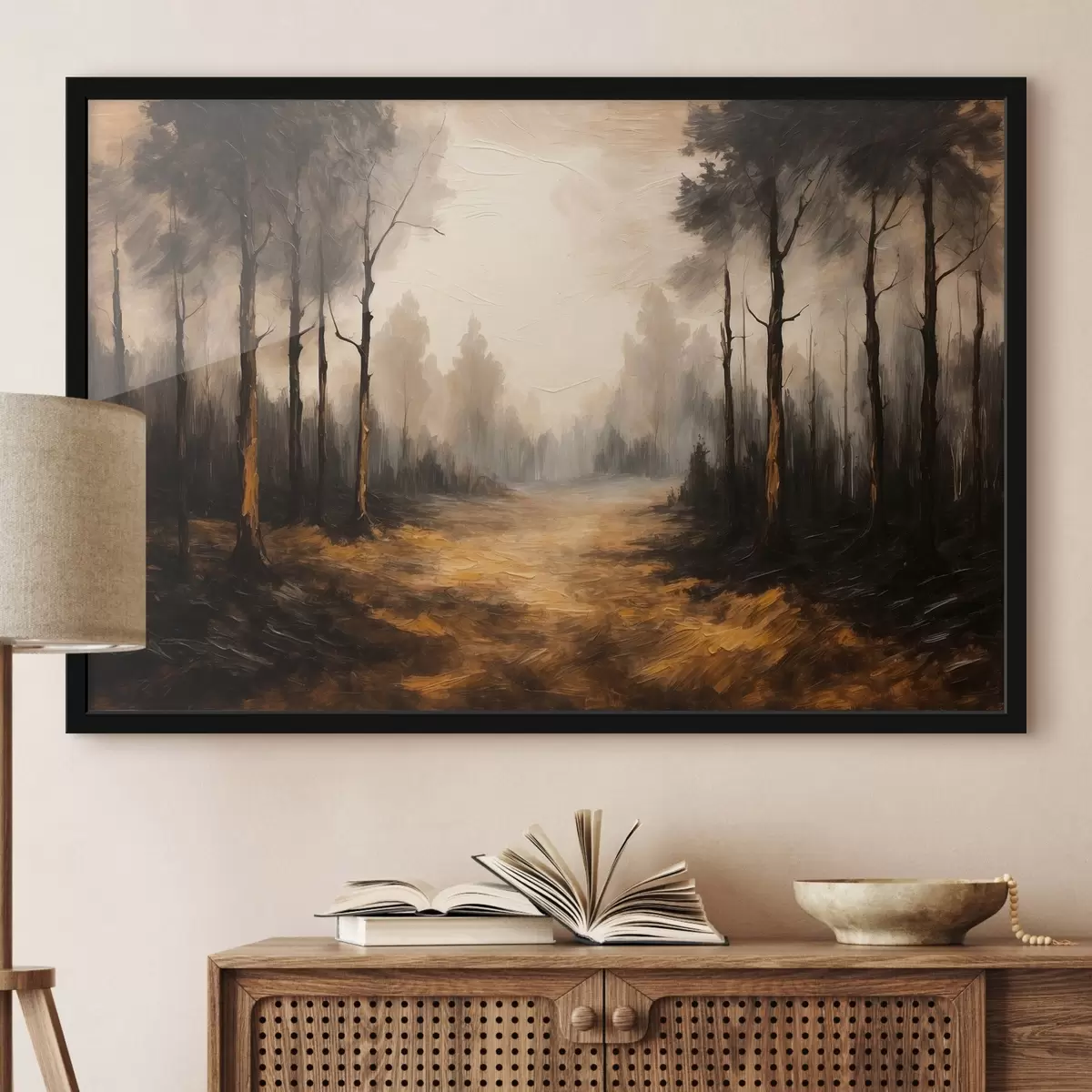 Poster Zwart bos in acrylschilderstijl f43448