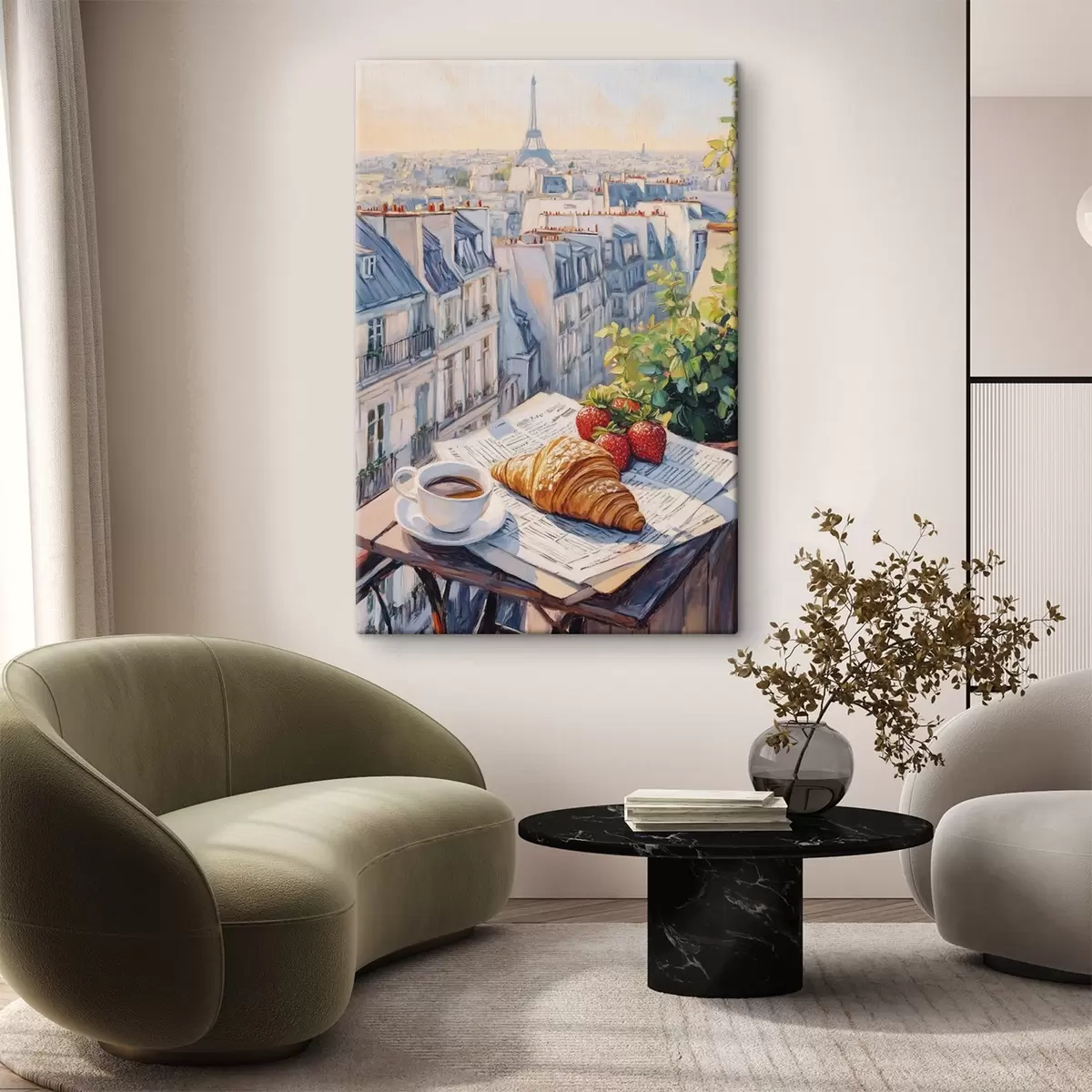  Peintures Lever de soleil sur le balcon à Paris, tour Eiffel, fraises, café, journal s43890