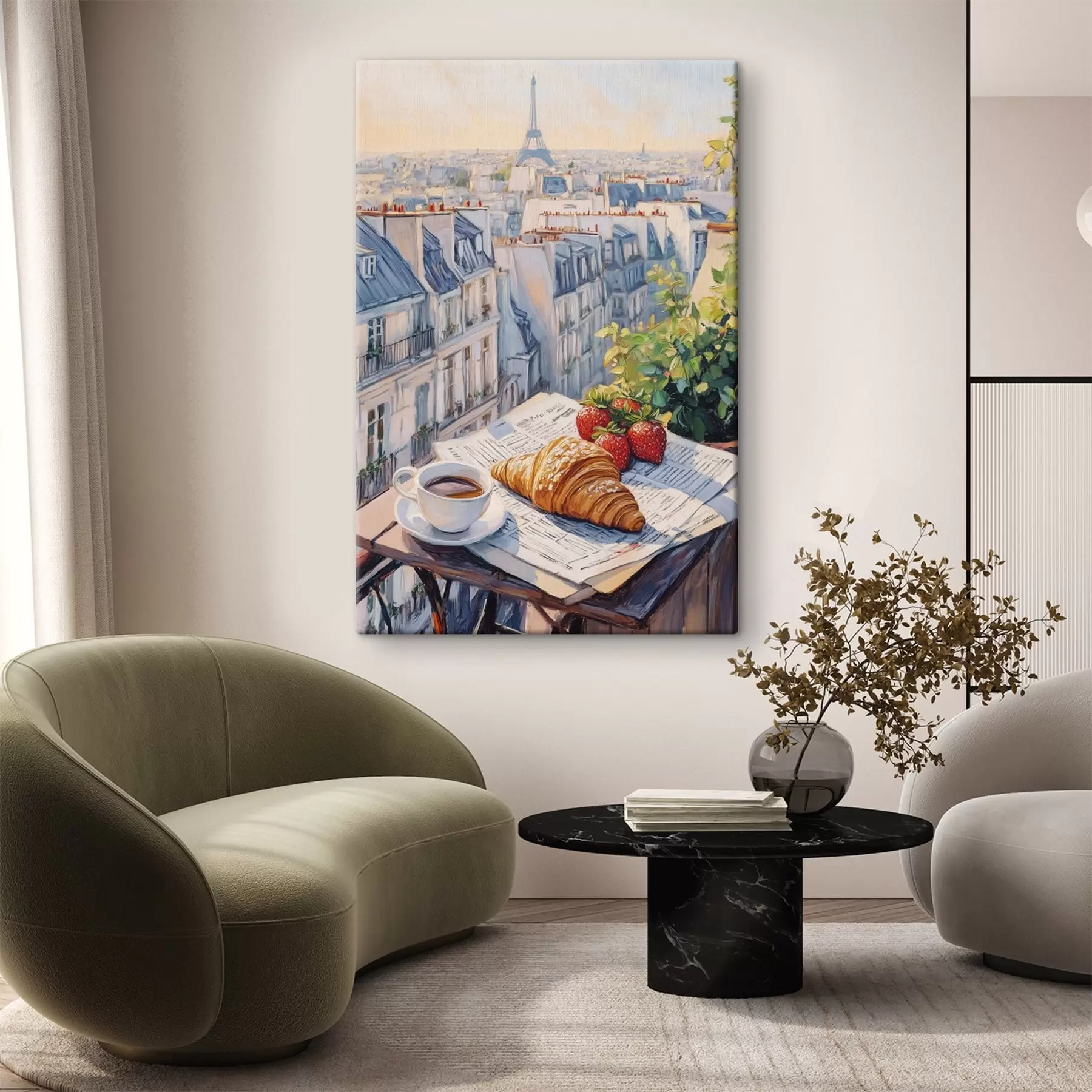 Fotobehang Zonsopgang op het balkon in Parijs, Eiffeltoren, aardbeien, koffie, dagboek s43890