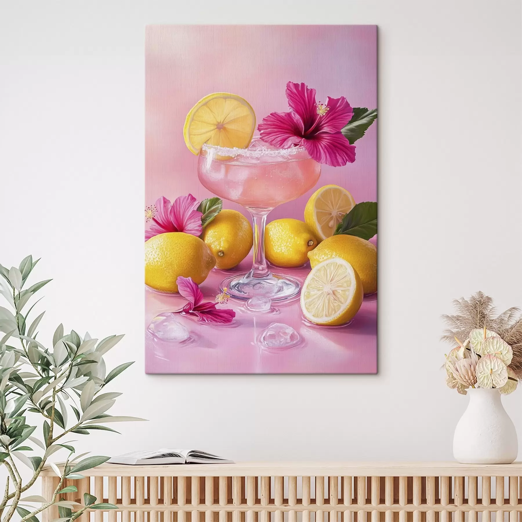  Schilderijen Zomercocktail met bloemen en citroenen, roze kleuren, aquarelstijl s43895