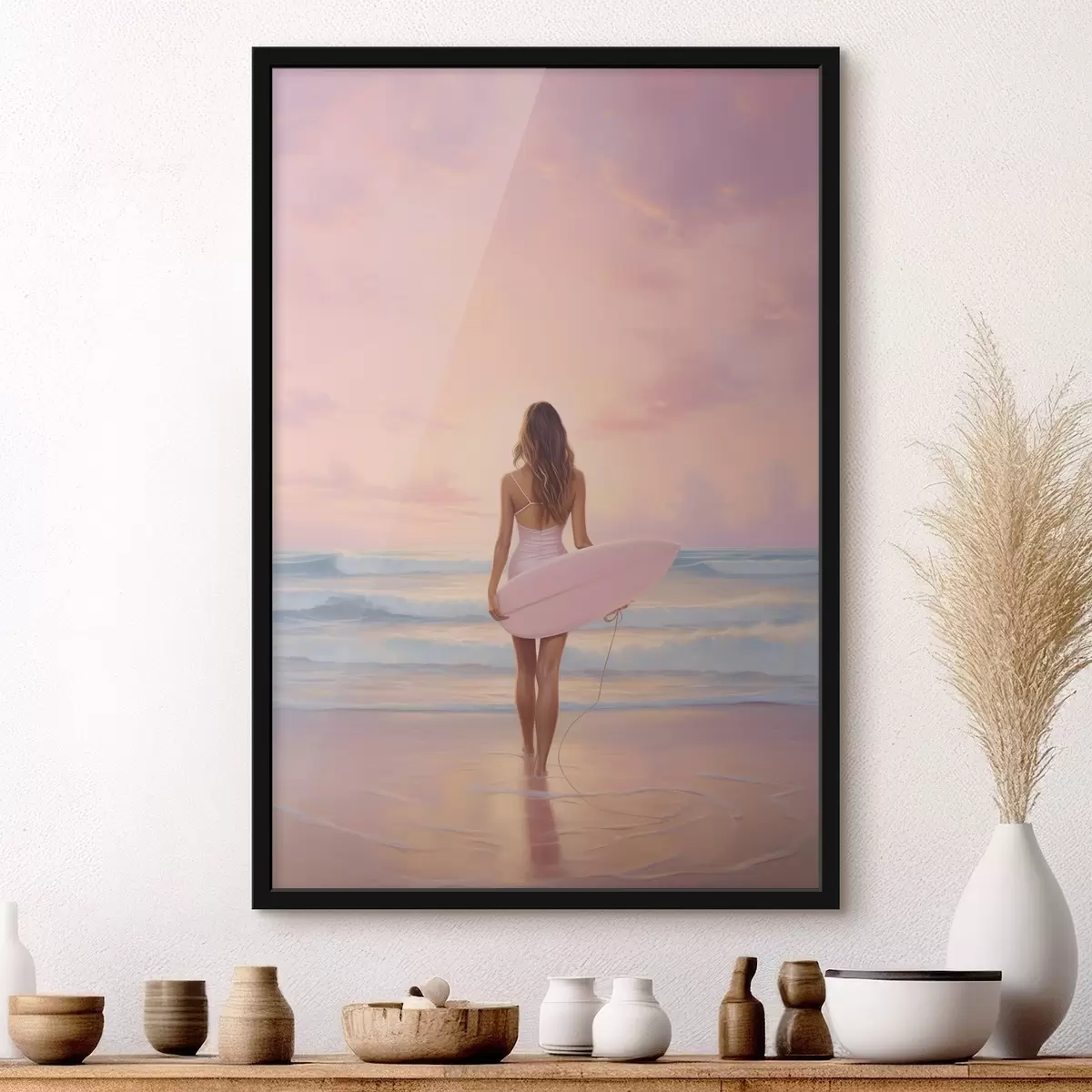Affiche Fille avec planche de surf sur la plage de l'océan, coucher de soleil, dessin à l'acrylique f43881