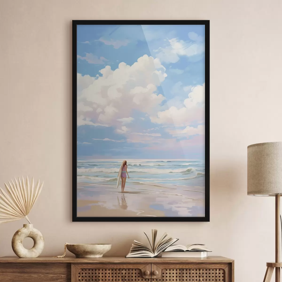 Affiche Fille surfant dans l'océan, été, vagues, style acrylique f43882