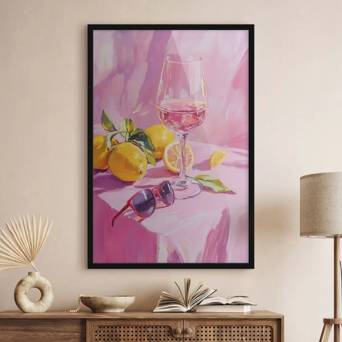Affiche Verre de vin avec citrons, lunettes de soleil, abstraction, dessin à l'huile, couleurs roses f43883