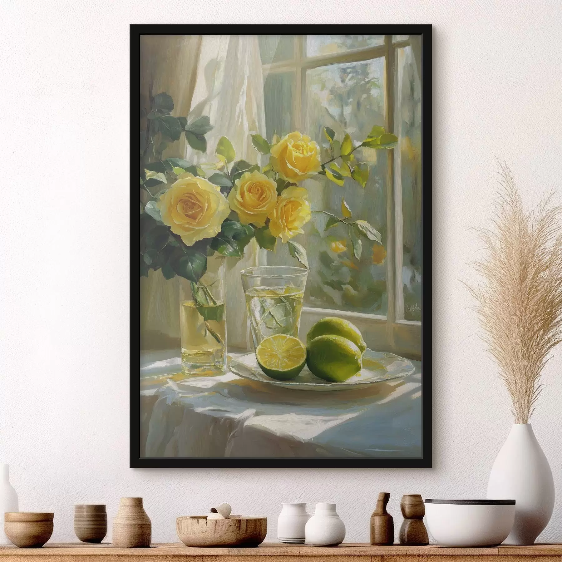 Fotobehang Mooie gele rozen in de vaas bij het raam, water met limoenen f43886