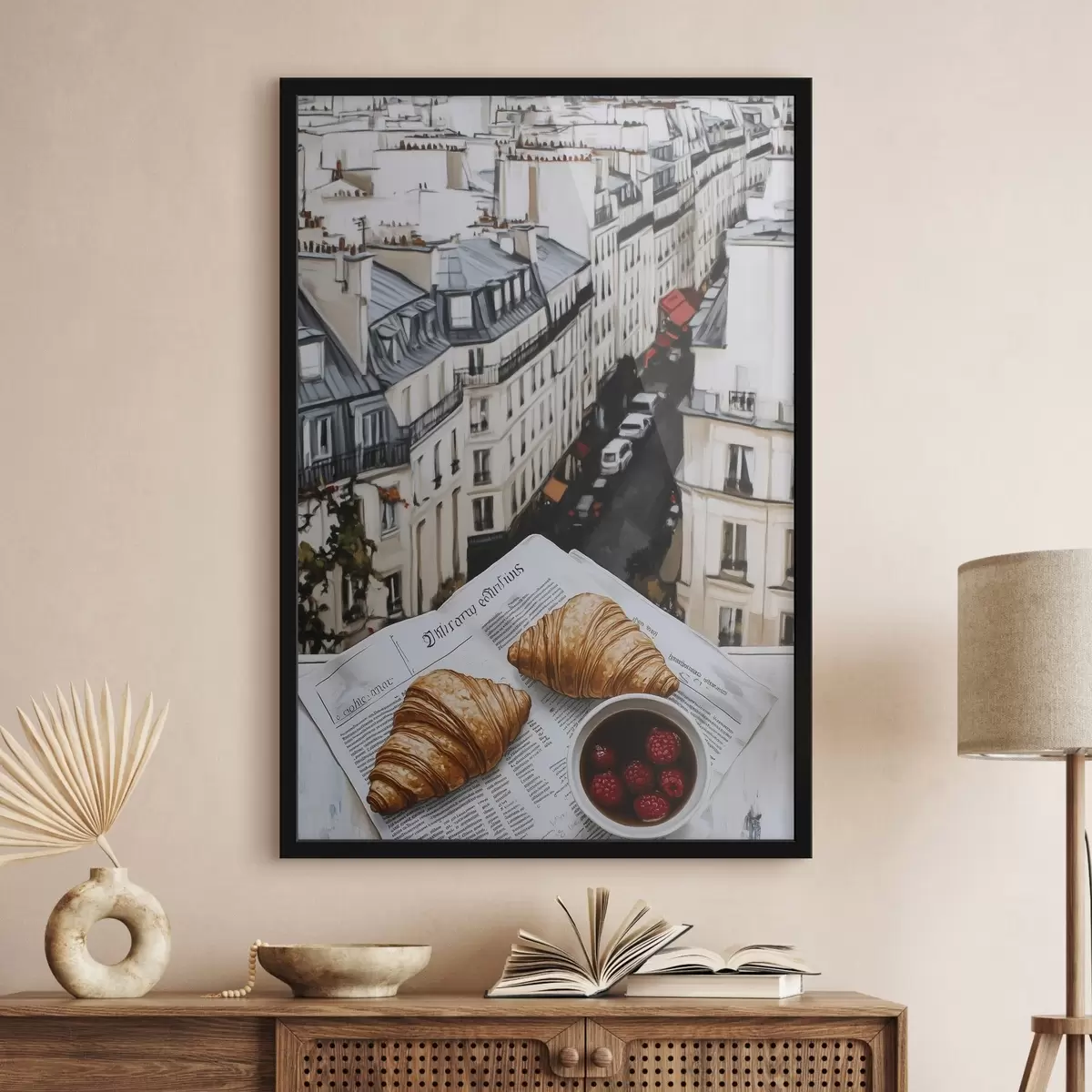Poster Ochtendkoffie met croissants, stadsstraat, architectuur, olieverfstijl f43891