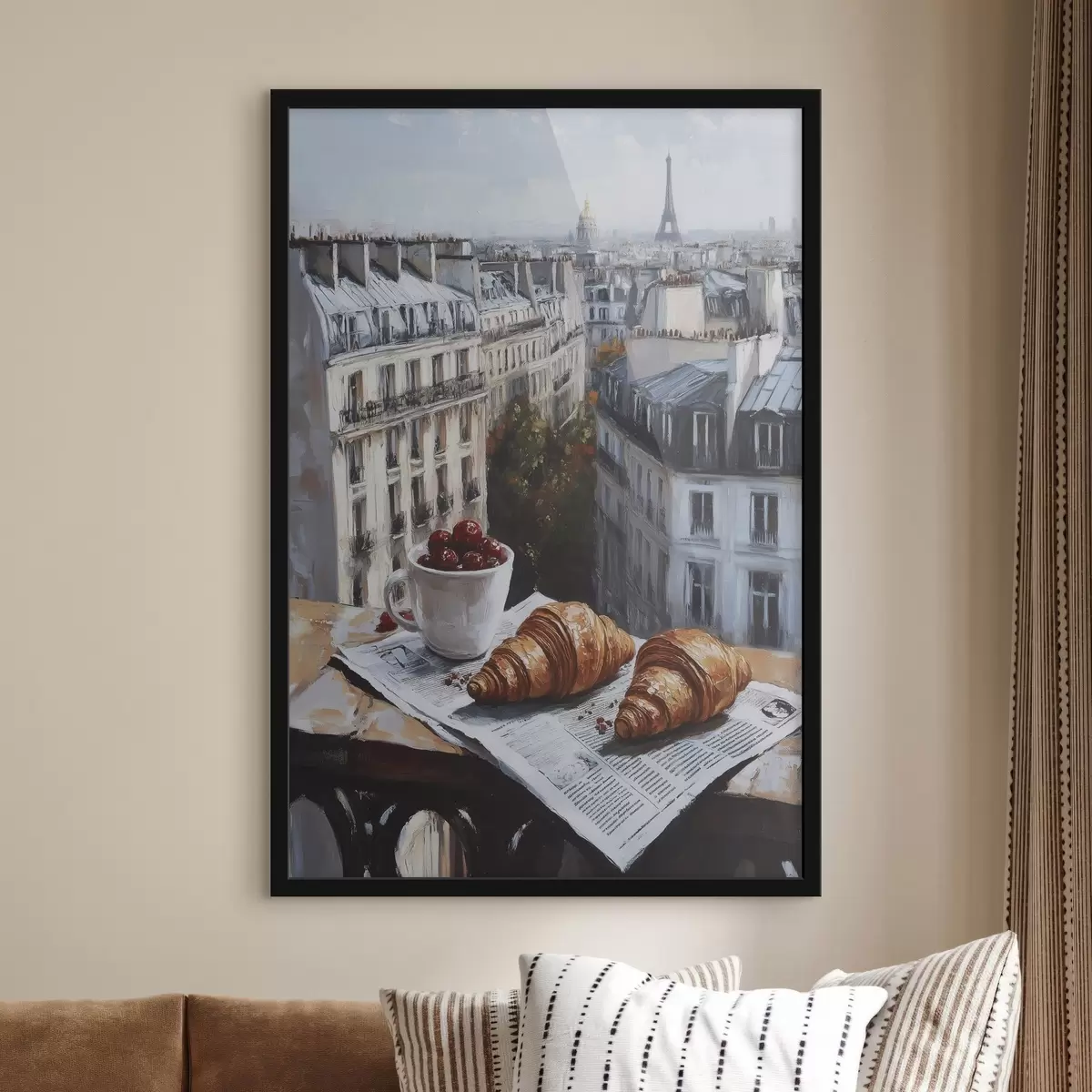 Affiche Paris matin, café avec croissants, vue de la ville, dessin à l'huile f43892