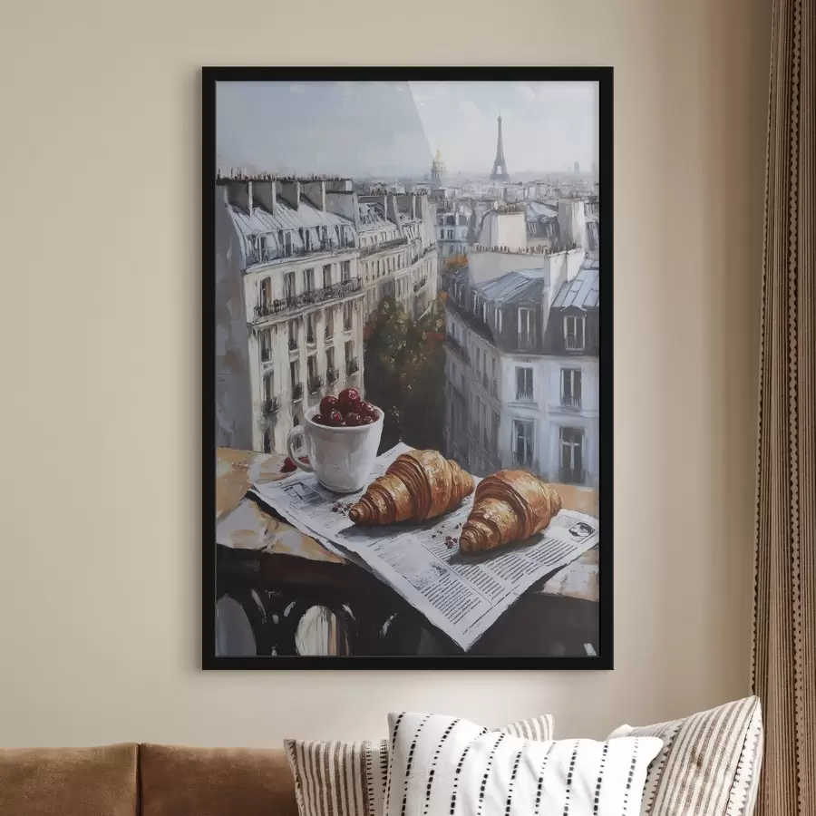 Papier peint photo Paris matin, café avec croissants, vue de la ville, dessin à l'huile f43892