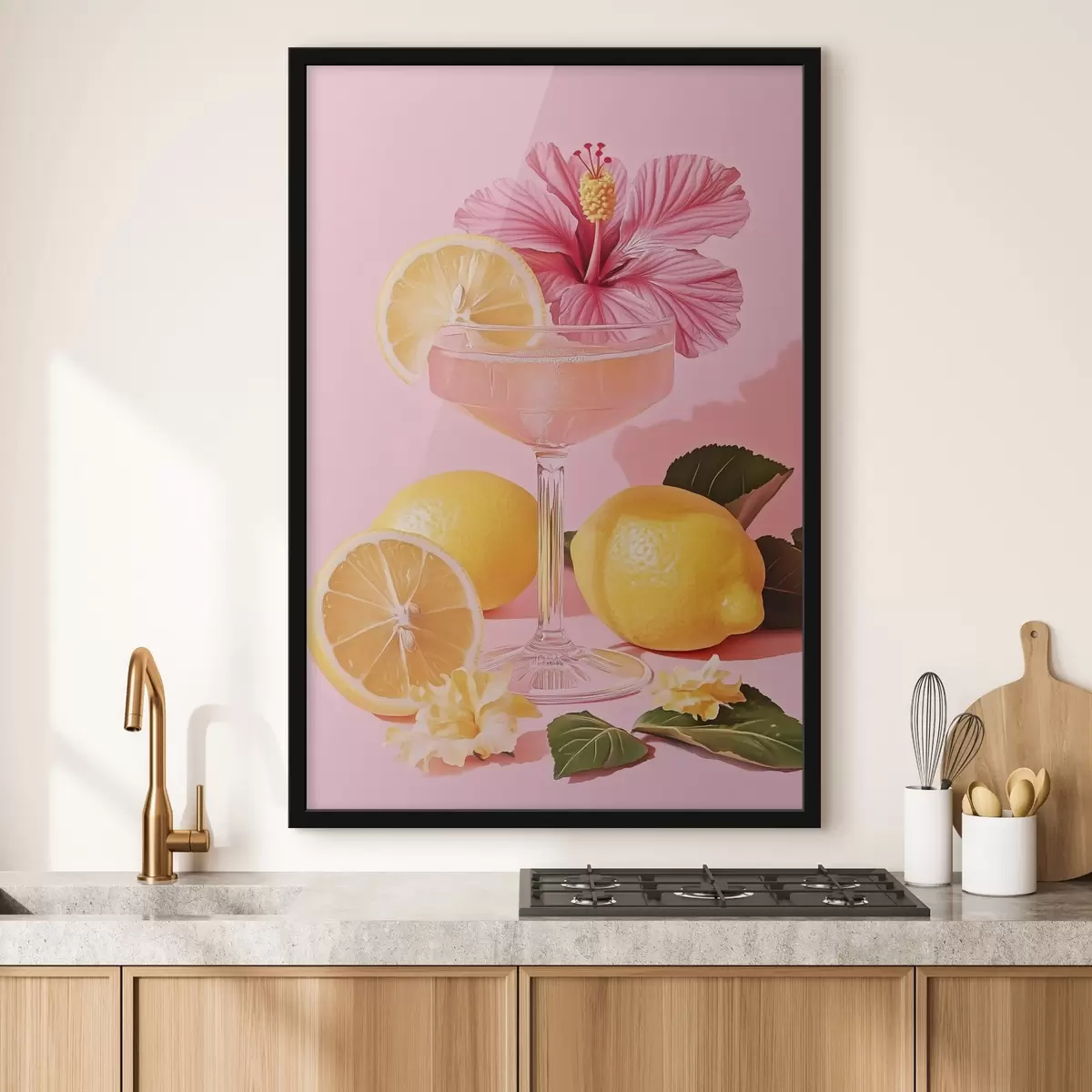 Poster Roze cocktail met hibiscusbloem, citroenen, realisme f43893
