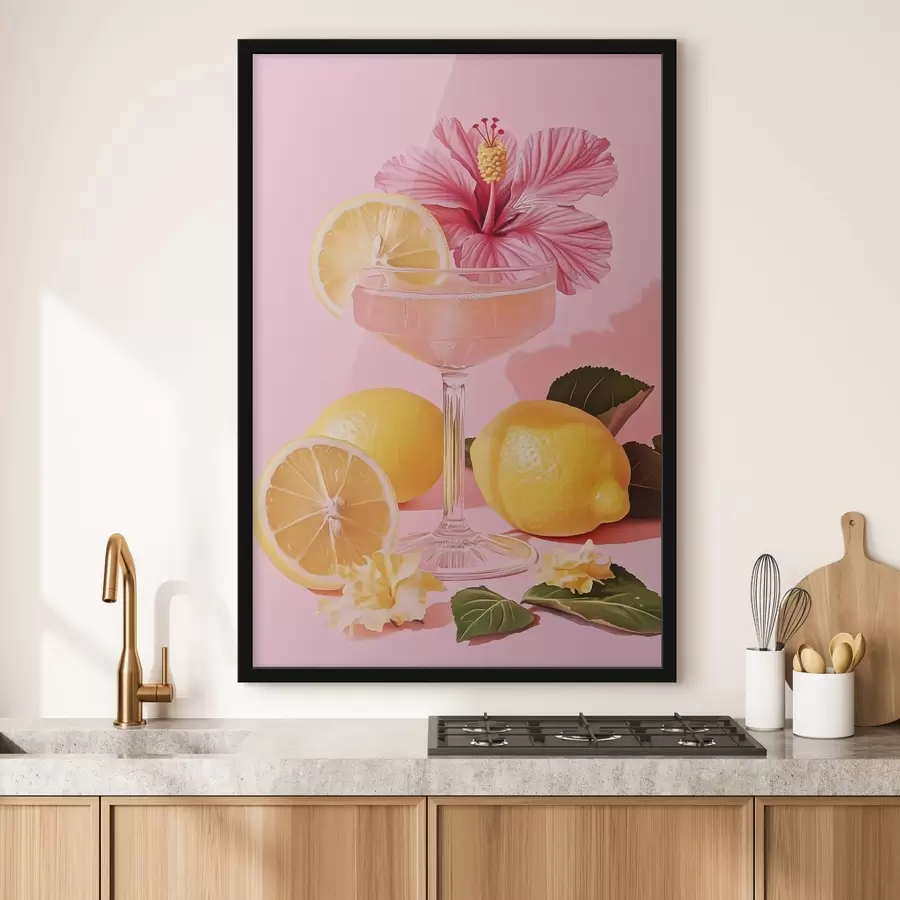 Fotobehang Roze cocktail met hibiscusbloem, citroenen, realisme f43893