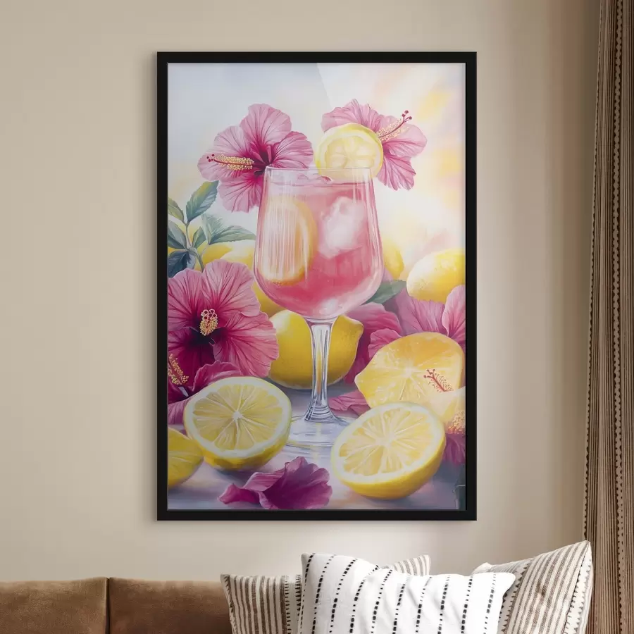 Fotobehang Kleurrijke cocktail met hibiscusbloemen en citroenen, zomer, aquarelstijl f43894