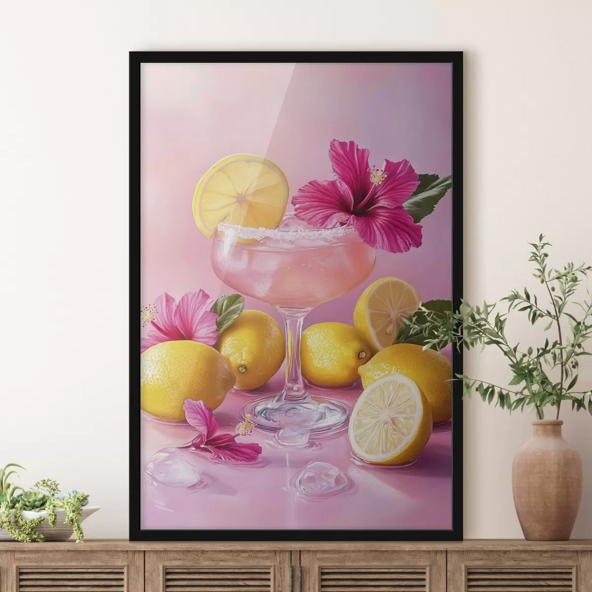 Poster Zomercocktail met bloemen en citroenen, roze kleuren, aquarelstijl f43895