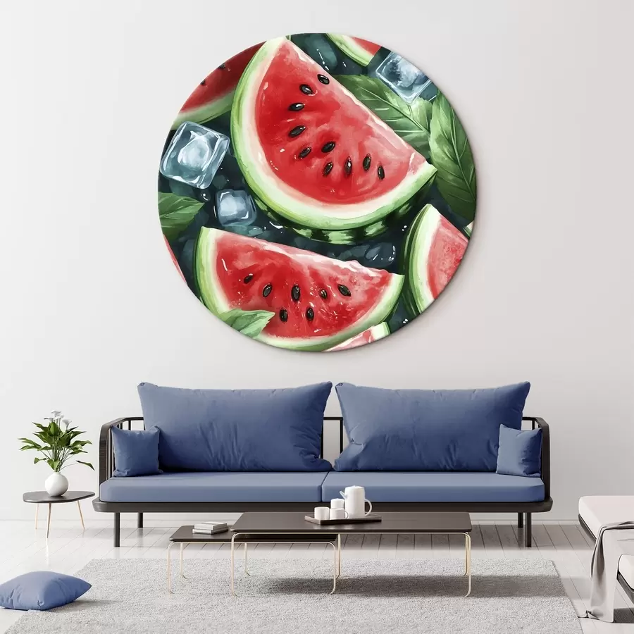  Schilderijen Watermeloenplakken met ijsblokjes en munt, aquarelstijl r43880