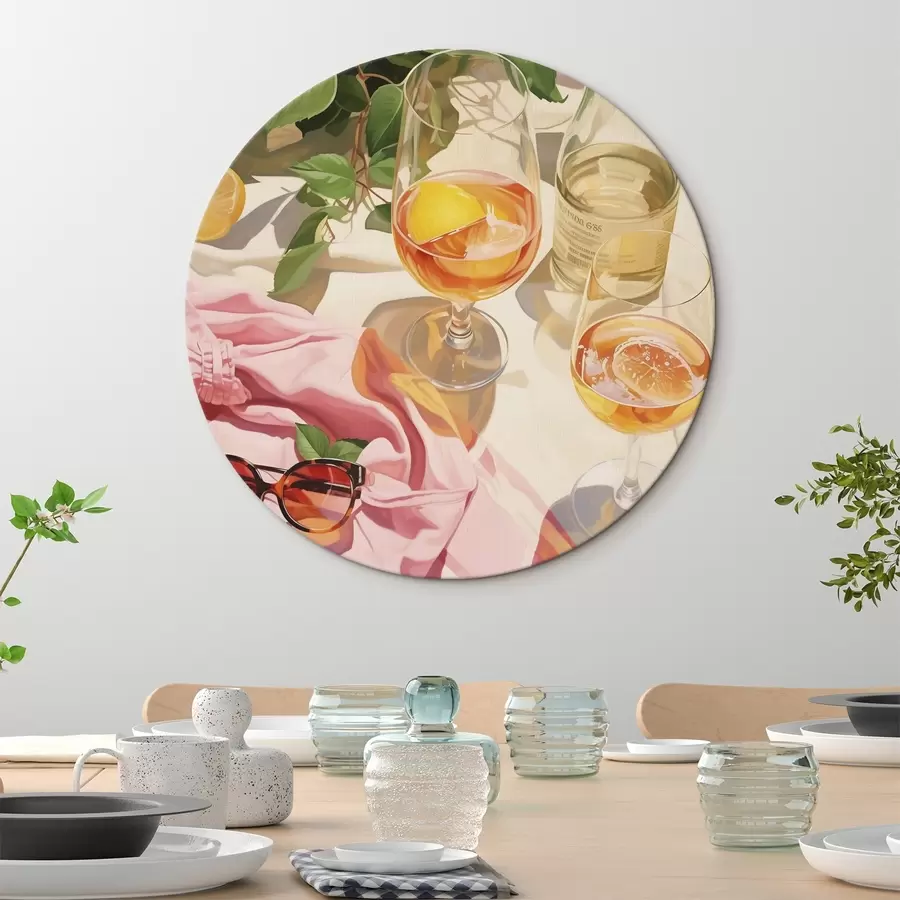  Schilderijen Zomertijd, glazen met champagne, groene planten, warme kleuren r43885