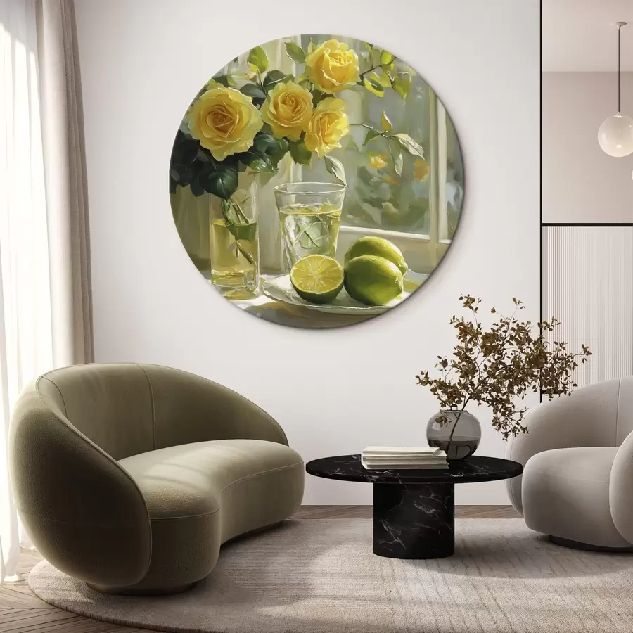  Peintures De belles roses jaunes dans le vase près de la fenêtre, arrosées de citrons verts r43886