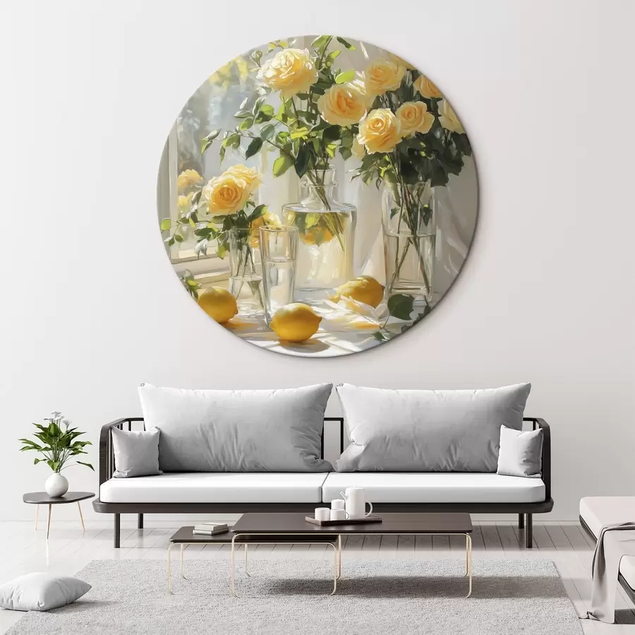  Peintures Roses dans des vases, dessin à l'huile, lumière douce du soleil, citrons, printemps r43887