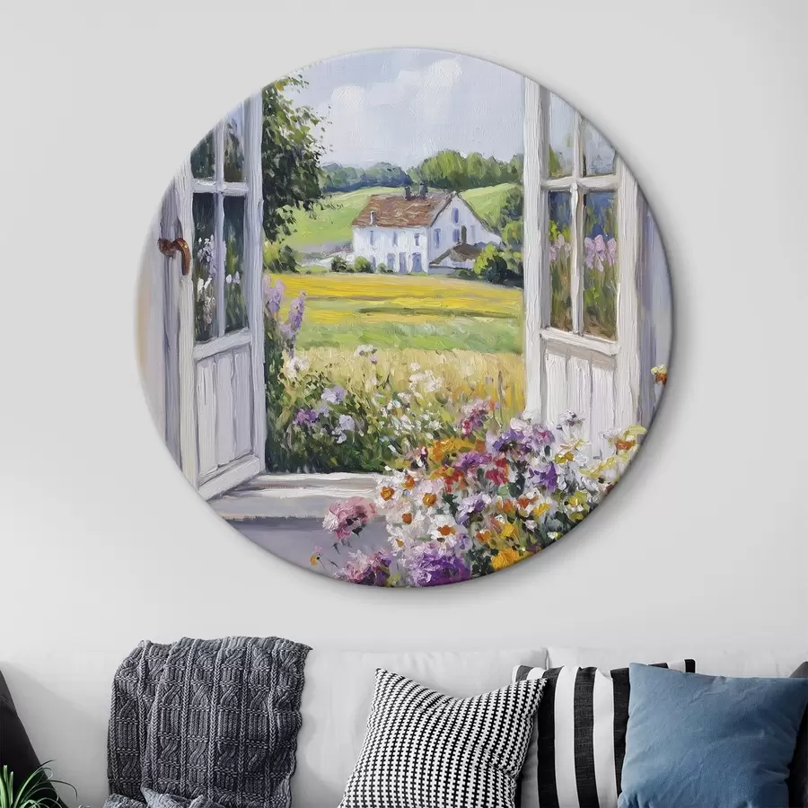  Peintures Paysages de village dans la fenêtre en bois, fleurs, champs, style huile, maison de ferme r43888