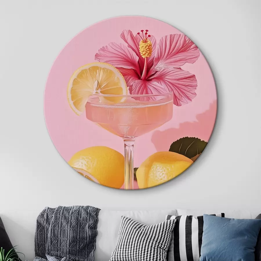  Schilderijen Roze cocktail met hibiscusbloem, citroenen, realisme r43893