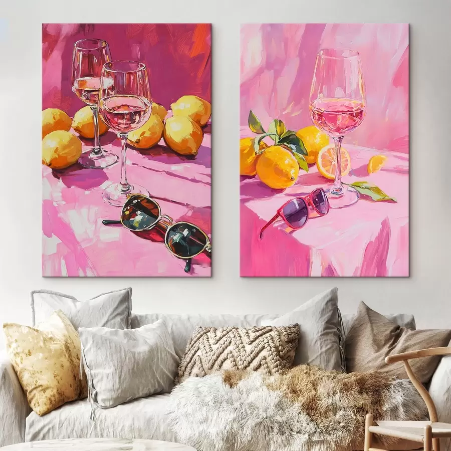  Peintures Abstraction à l'huile avec des coupes de champagne, des citrons et des lunettes de soleil, couleurs roses m00444