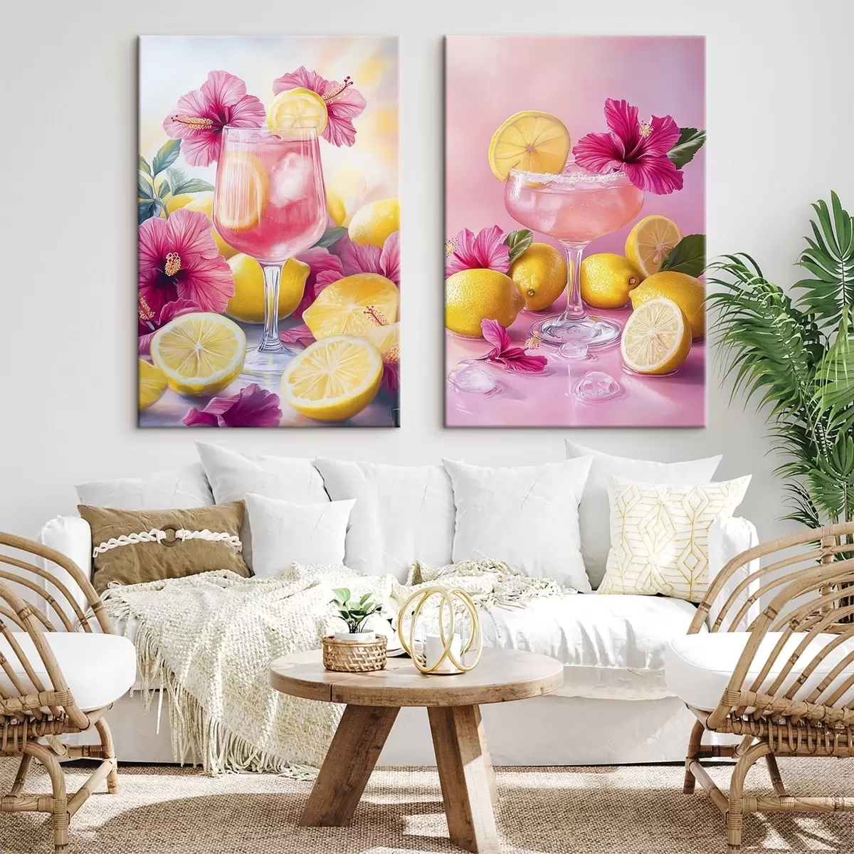  Peintures Cocktails avec des fleurs d'hibiscus et des citrons, été, juteux, style aquarelle m00446