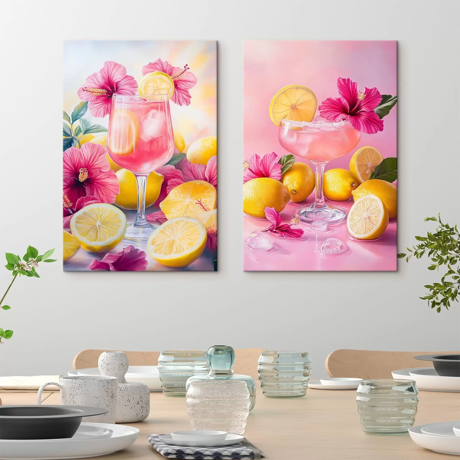  Peintures Cocktails avec des fleurs d'hibiscus et des citrons, été, juteux, style aquarelle m00446