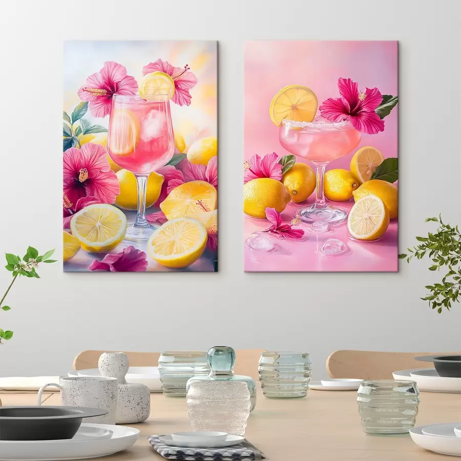  Peintures Cocktails avec des fleurs d'hibiscus et des citrons, été, juteux, style aquarelle m00446