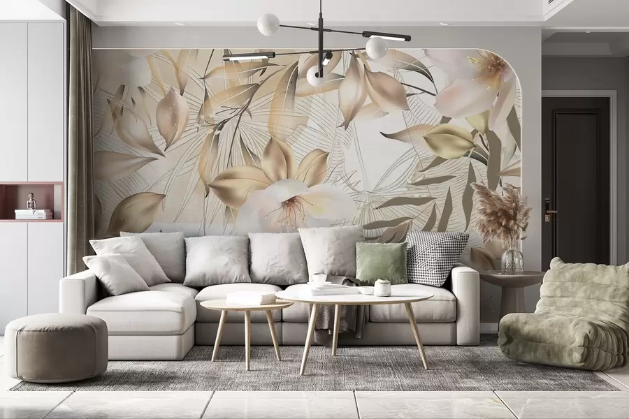 Fotobehang Jasmijn bloemen en bladeren, zachte kleuren, botanische illustratie, florale achtergrond, elegant ontwerp, delicate bloemblaadjes w08977
