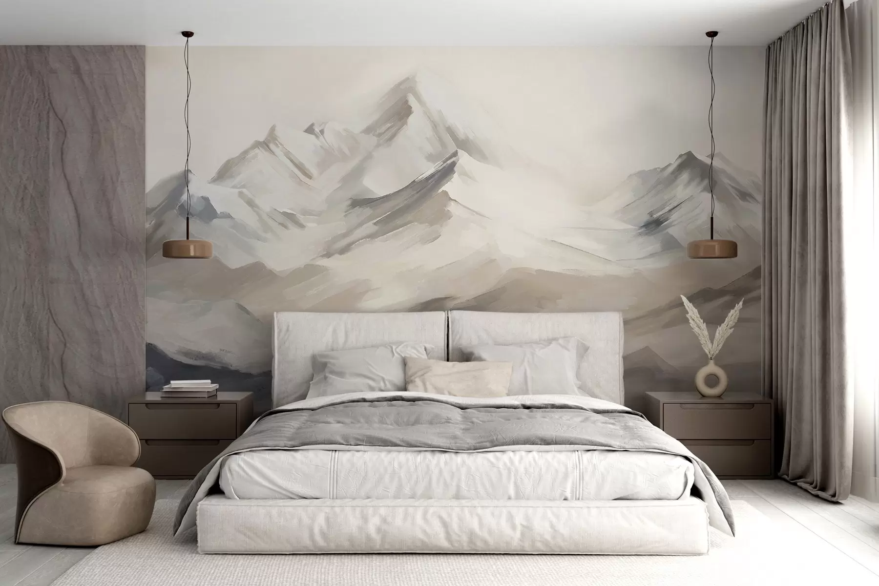 Fotobehang Bergenlandschap met lichte lucht, penseelstreken, neutrale beige en grijze kleuren, bergketen w08980