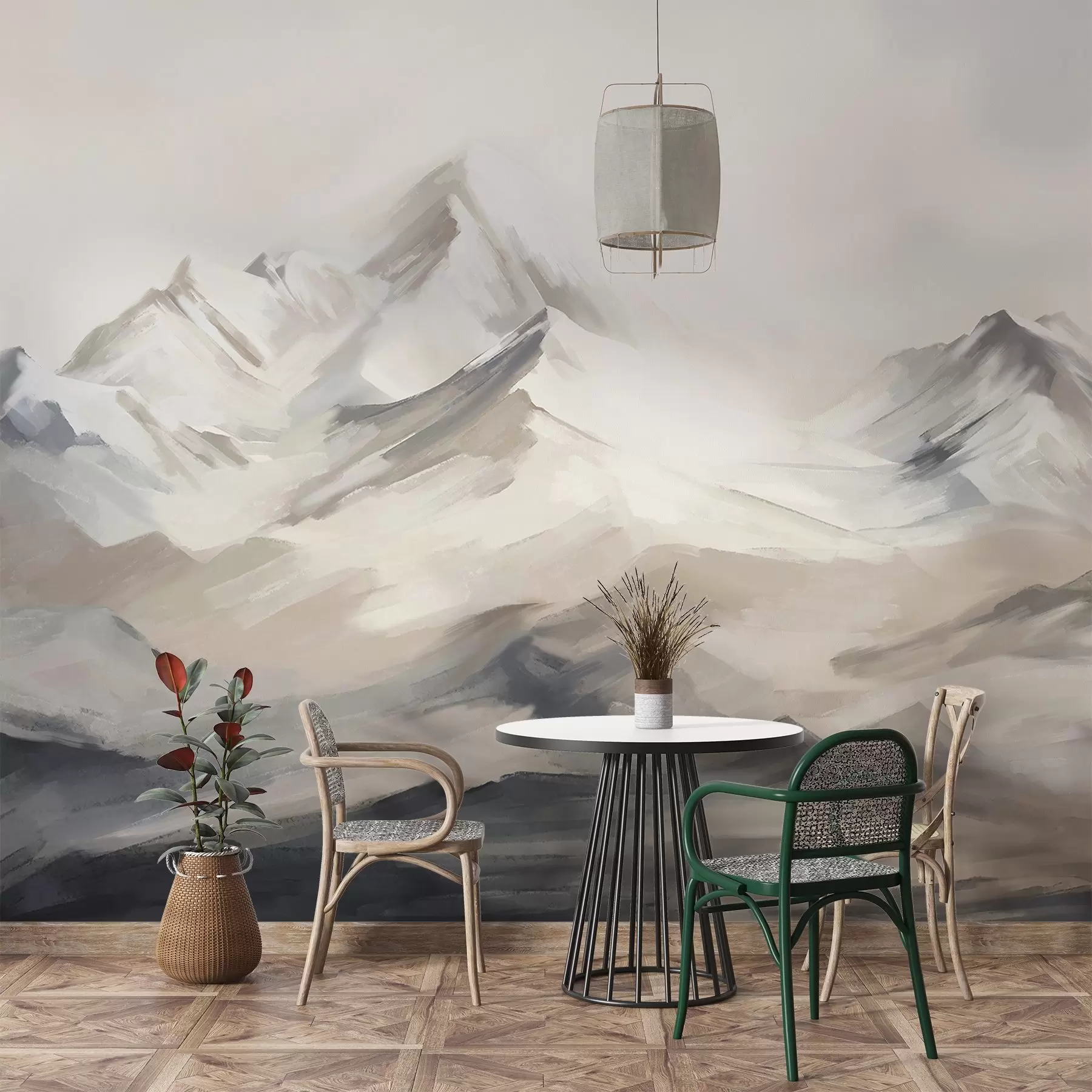 Papier peint photo Paysage de montagnes avec ciel clair, coups de pinceau, couleurs neutres beige et gris, chaîne de montagnes w08980