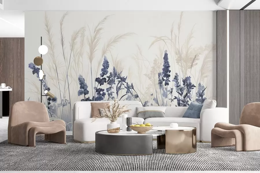 Fotobehang Blauwe bloemen en beige riet in een veld, minimalistisch schilderij textuur, lichte achtergrond, zachte kleuren, fijne penseelstreken w08982