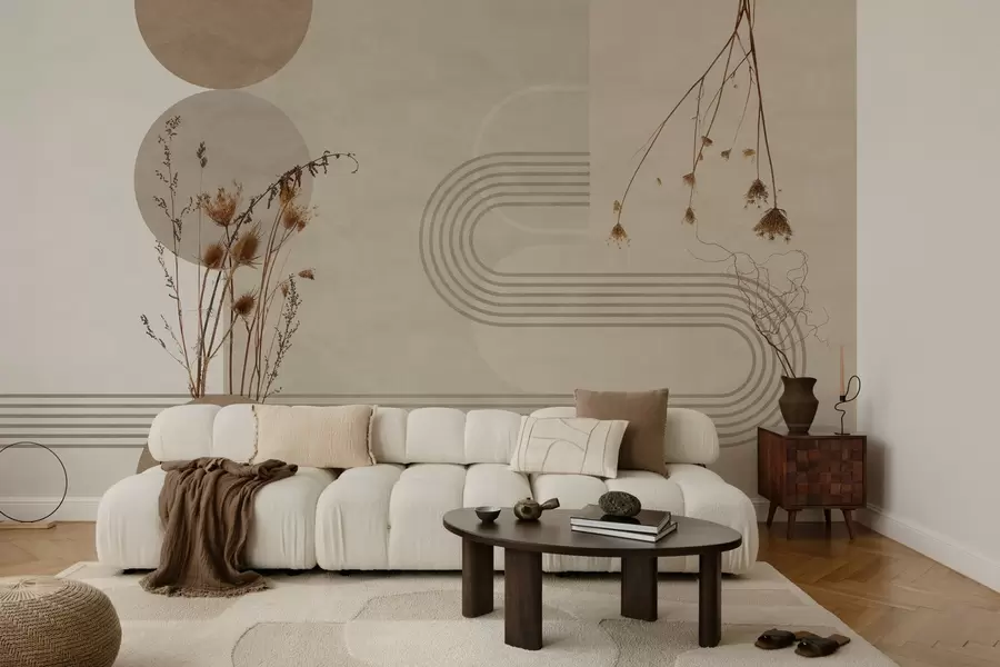 Fotobehang stijlvolle geometrie en gedroogde bloemen in beige tinten w03449