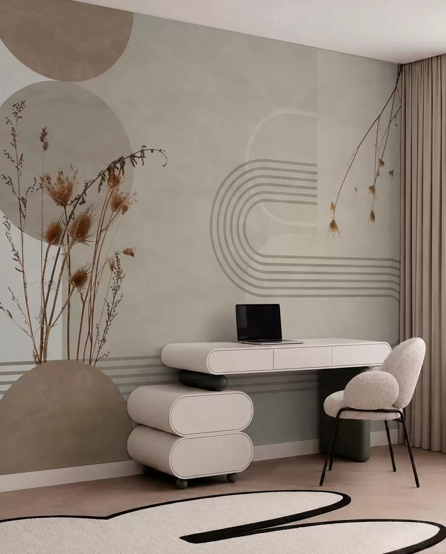 Fotobehang stijlvolle geometrie en gedroogde bloemen in beige tinten w03449