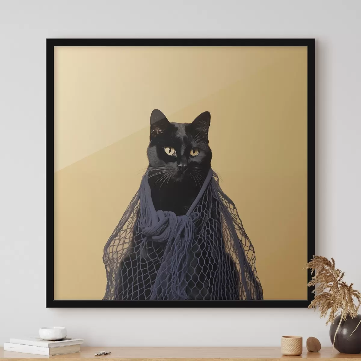 Poster Zwarte kat in een net f43959