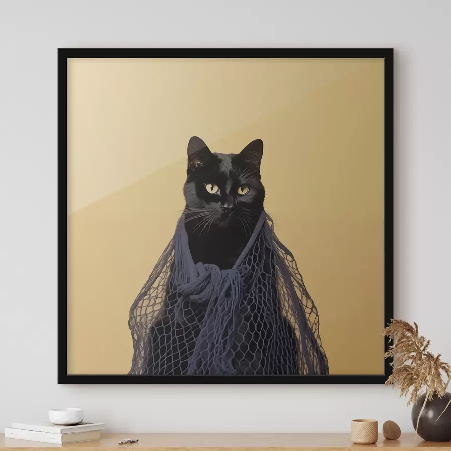 Fotobehang Zwarte kat in een net f43959