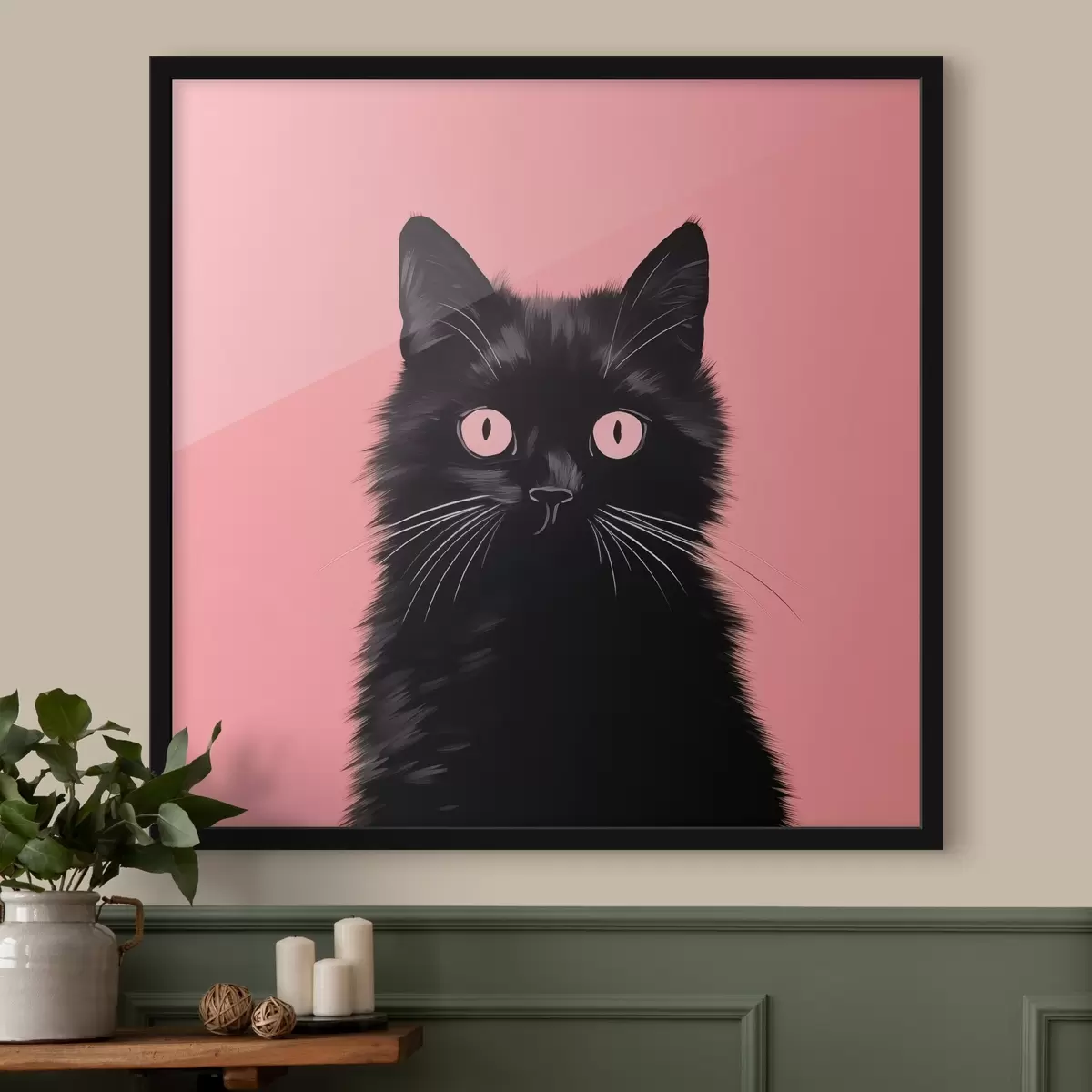 Poster Zwarte kat op roze f43963