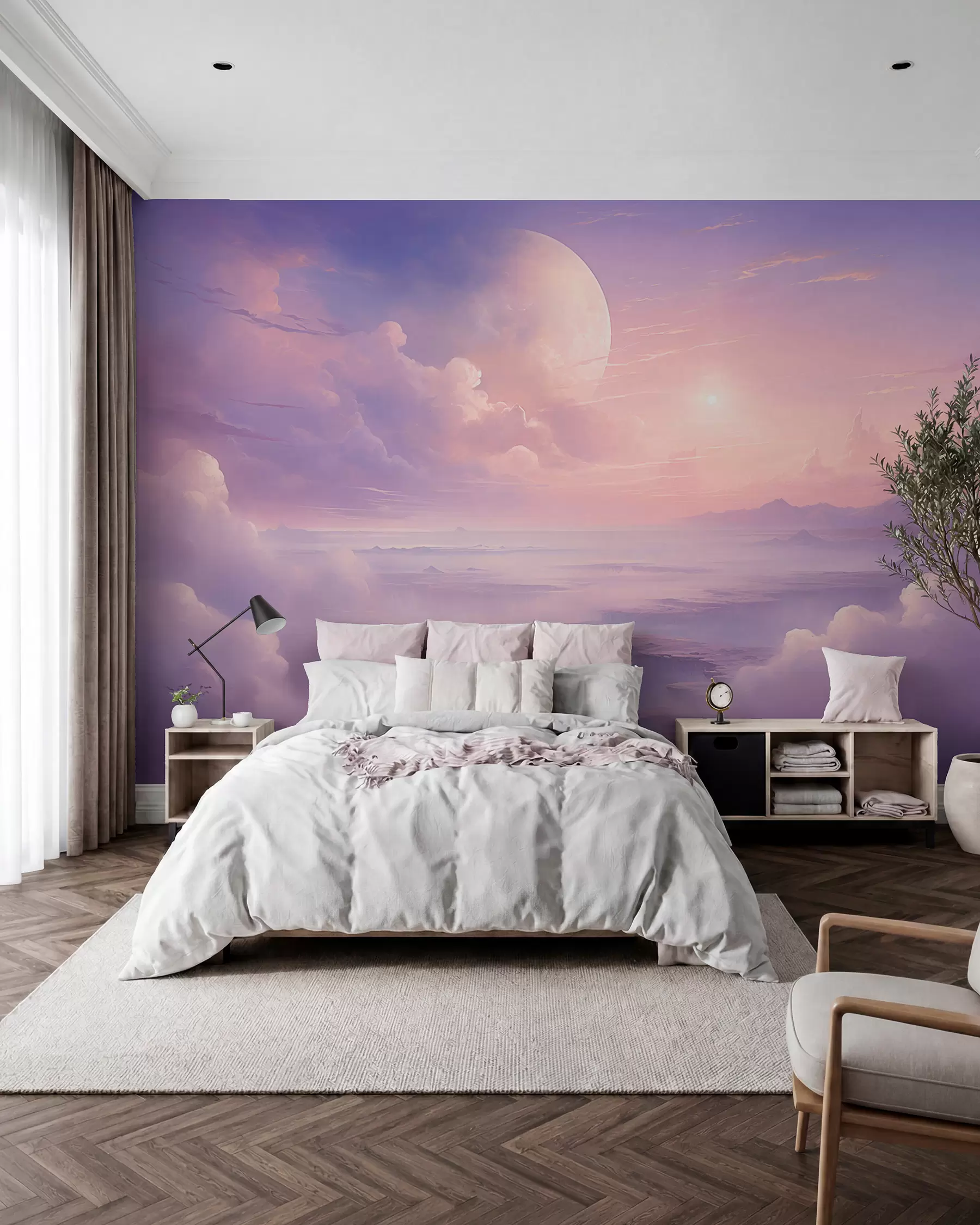 Papier peint photo Ciel magique violet-rose avec la lune et les nuages w08986
