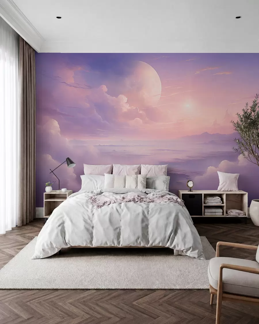 Papier peint photo Ciel magique violet-rose avec la lune et les nuages w08986
