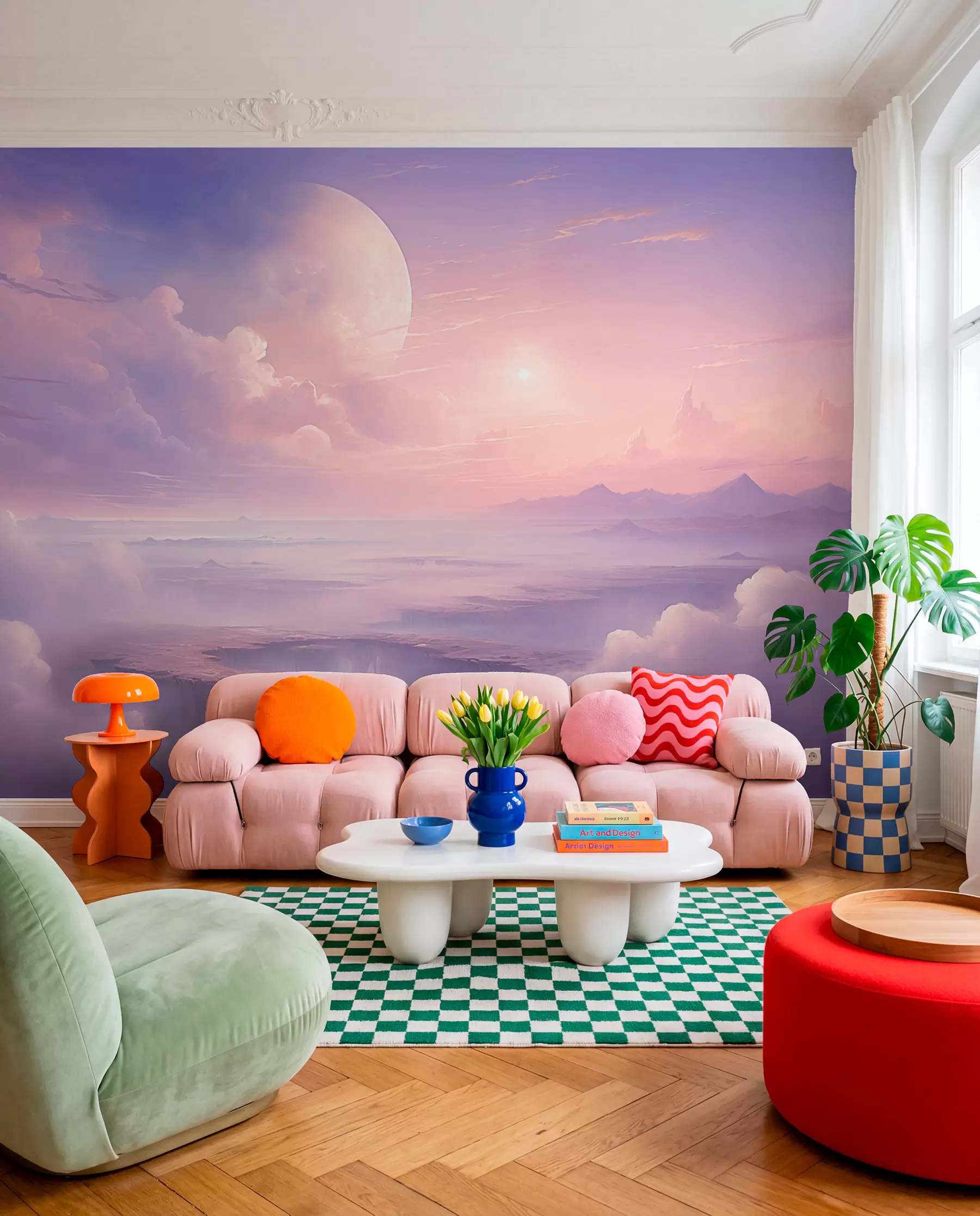 Fotobehang Magische paarsroze lucht met de maan en wolken w08986