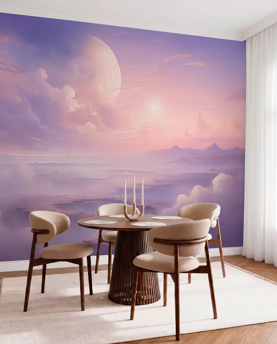 Papier peint photo Ciel magique violet-rose avec la lune et les nuages w08986