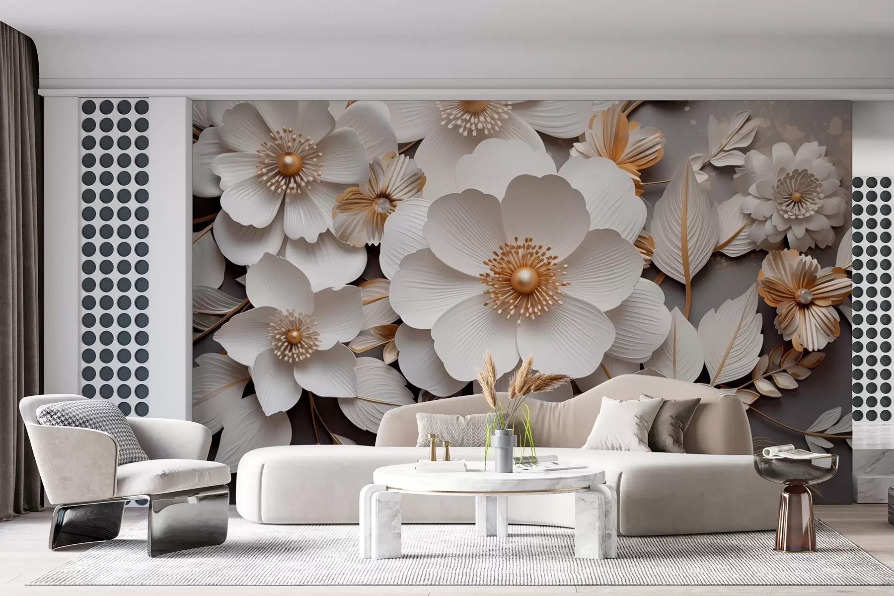 Fotobehang 3D bloemen in origamistijl in geel-grijstinten w08993